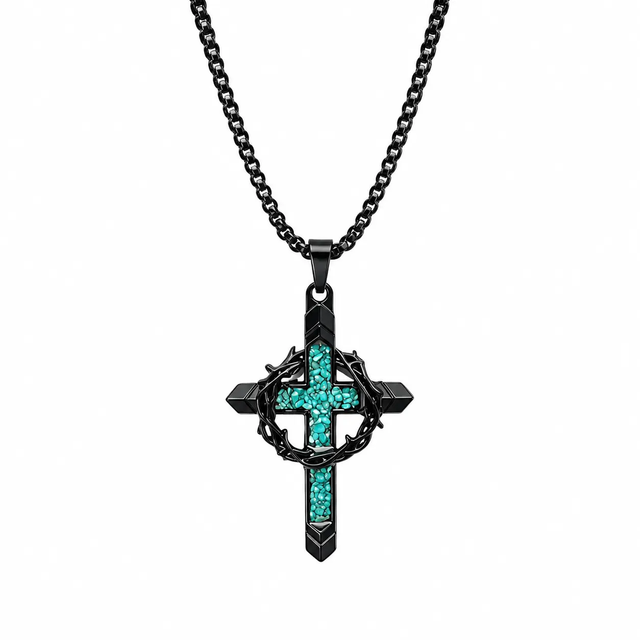 Men's Turquoise Thorny Wreath Cross Pendant Necklace - Punk Retro Trendy Costume Jewelry with Chain Link, Metal Coating, Turquoise Accent, Ideal for Everyday Wear & Christmas Gifting
