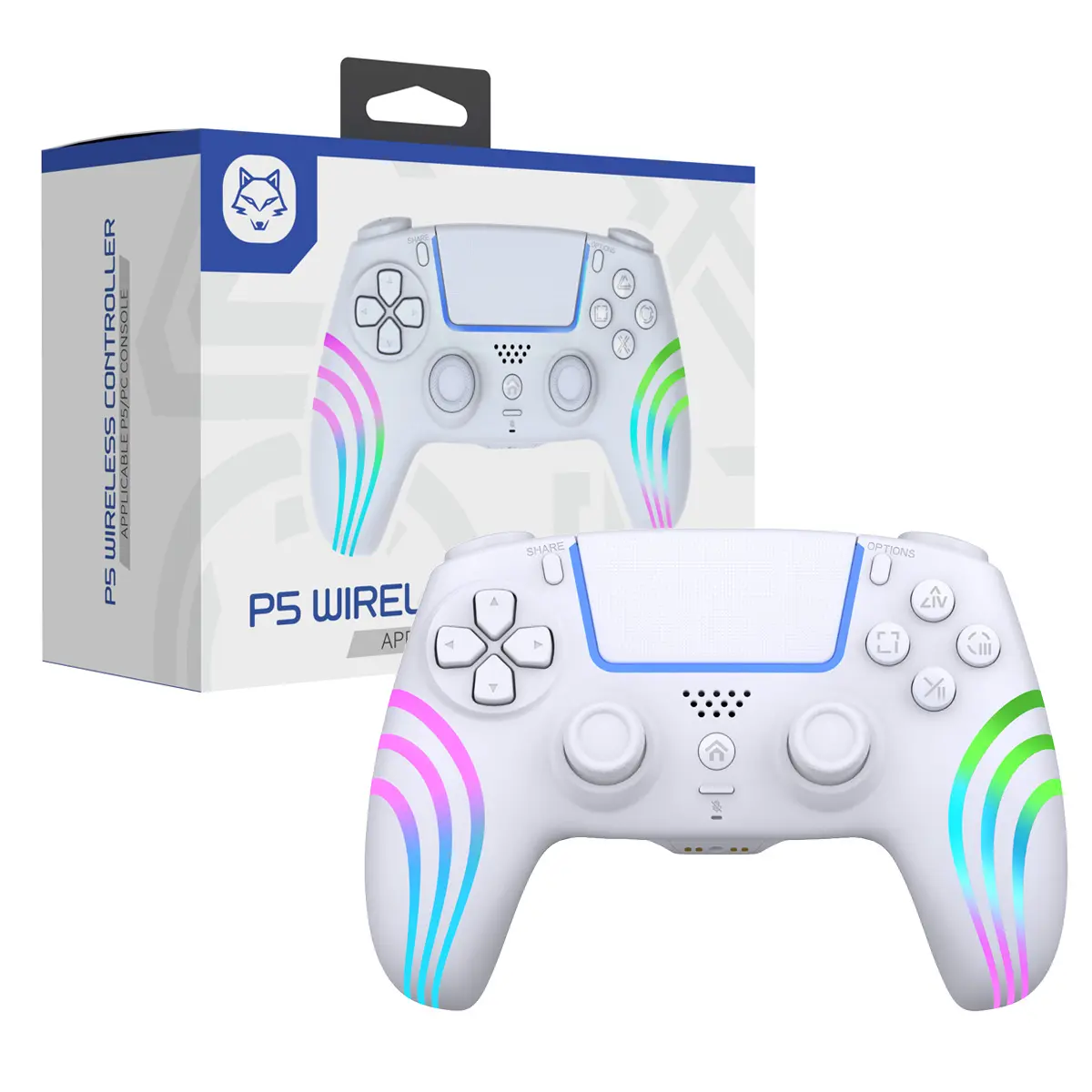Anti-Stick Drift Wireless PS5 Controller with RGB Lighting, Bluetooth 5.0 Gamepad for PC Console Gaming, Programmable Macro Back Buttons, 6-Axis Gyro, Dual Vibration, Turbo Function, Touchpad, 3.5mm Audio Mic Port, Rgblighting