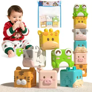 Animal Soft Baby Blocks, Silicone Squeeze Building Blocks Stacking Toys Stacker for Babies, Early Learning Touch Bath Educational Toys with Numbers Animals Fruits Texture Baby Gifts