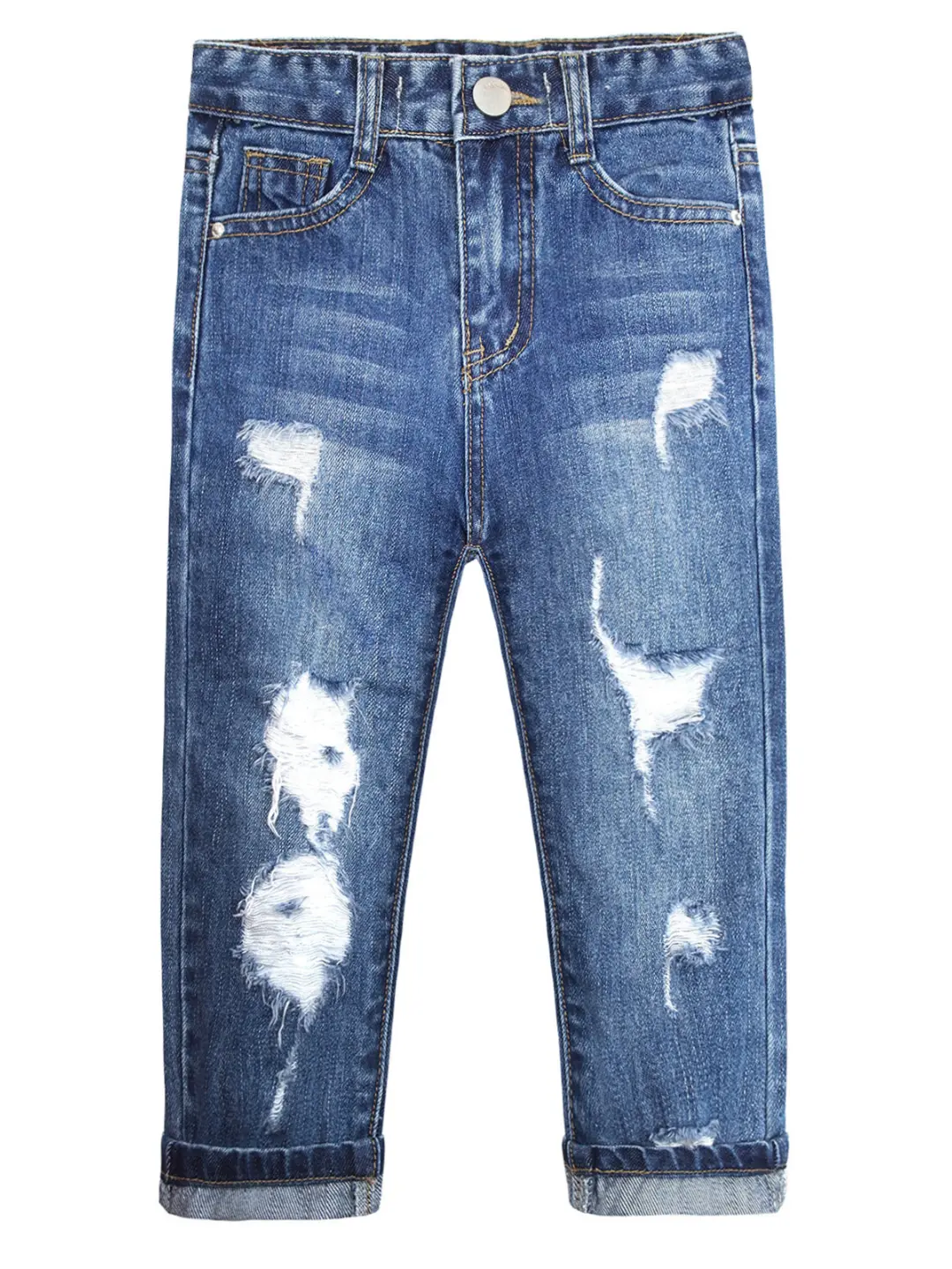 KIDSCOOL SPACE Boys' Slim-Fit Denim Jean Clothing, 3-14T Washed Style with Button Waist, Cuffed Ends, Frayed Accents, Soft for Daily Wear (3-4 Years Option Available), Softness, All Seasons, Ripped Look