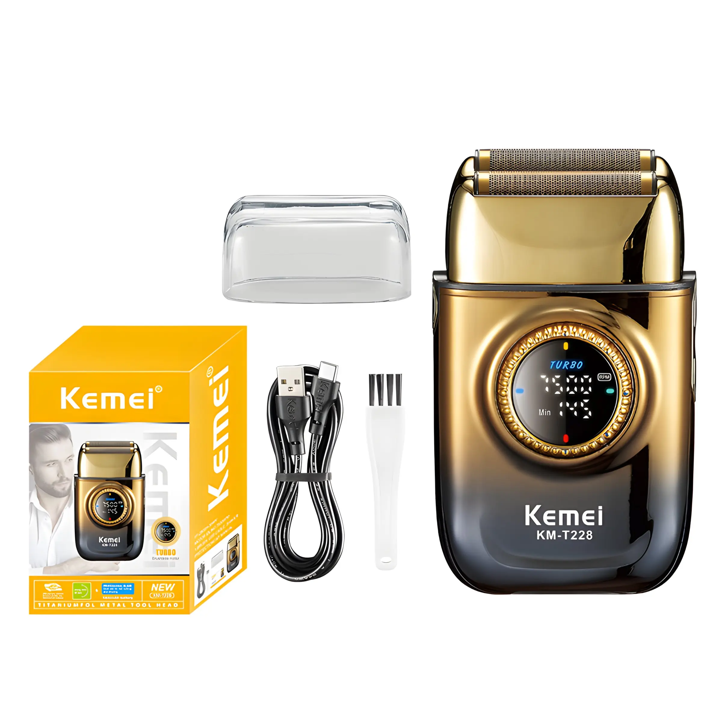 Kemei-T228 Rechargeable Razor, High-Power USB Electric Shaver, Digital Display, Fast Rotation, Ideal for Daily Home Use, Men's Grooming Tool