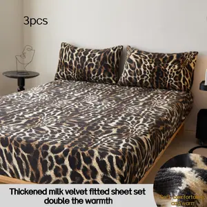 3pcs milk velvet leopard print fitted sheet set, soft and comfortable bedding, suitable for deep pocket design in bedrooms and guest rooms, including 1 fitted sheet and 2 pillowcases, without pillow core, Bed Sheets Set