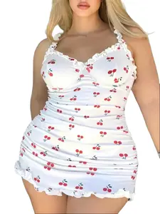 AgeRose Women's Plus Size Cherry Print Nightdress, Sleeveless Spaghetti Strap Soft Comfortable Summer Sleepwear