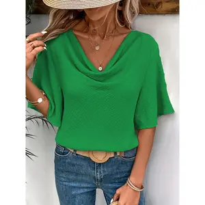 Women'S Elegant Solid Color Beige Cowl Neck Blouse with Butterfly Sleeves - Lightweight Polyester, Casual Spring/Summer Top, Draped Collar, Machine Washable, Casual Attire | Relaxed Fit Top | Polyester Fabric