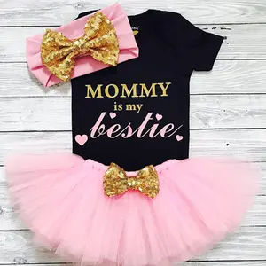 Newborn Infant Baby Girl Mommy is My Bestie Bodysuit Romper+Tutu Skirt+Bowknot Headband Outfit