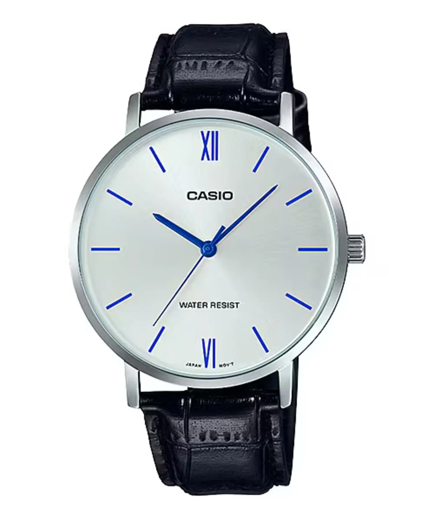 Casio Men’s Silver Analog Watch with Blue Accents and Leather Strap - MTP-VT01L-7B1