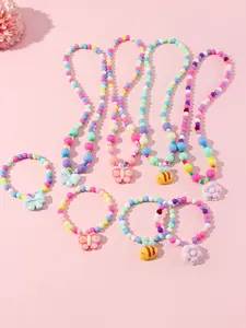 8pcs/set Multicolor Acrylic Beaded Bracelet Flower Butterfly Bee Pendant Elastic Colorful Beaded Necklace Set for Girls School Birthday Party Gift Accessory