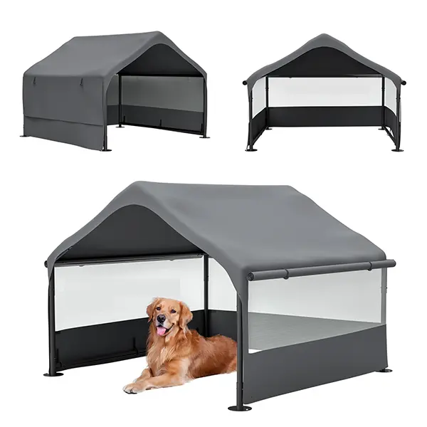 Extra Large Collapsible Outdoor Dog House - Hiking Steel Pet Canopy Tent, Big Dog Shade Shelter with 3-Side Mesh Windows, Gray Sun Rain Cover, 6.5kg Capacity