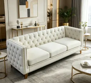 Velvet Chesterfield Sofa for Living Room Square Arm Couch Tufted with Buttons Modern Upholstered Metal Legs Comfortable Two-Section Sofa