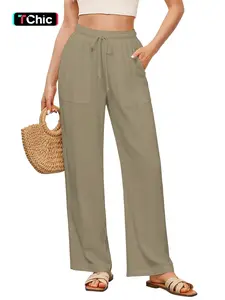 Women's Casual Loose-Fit Linen Wide Leg Pants, High Waist Drawstring Straight Leg Pocket Design, All Season Comfortable Woven Fabric