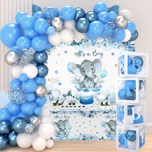 Blue Boy Elephant Baby Shower Decoration Kit - Balloon Garland, Boxes, It's a Boy Backdrop, Tablecloth for Elephant Theme Party Supplies, Gifts