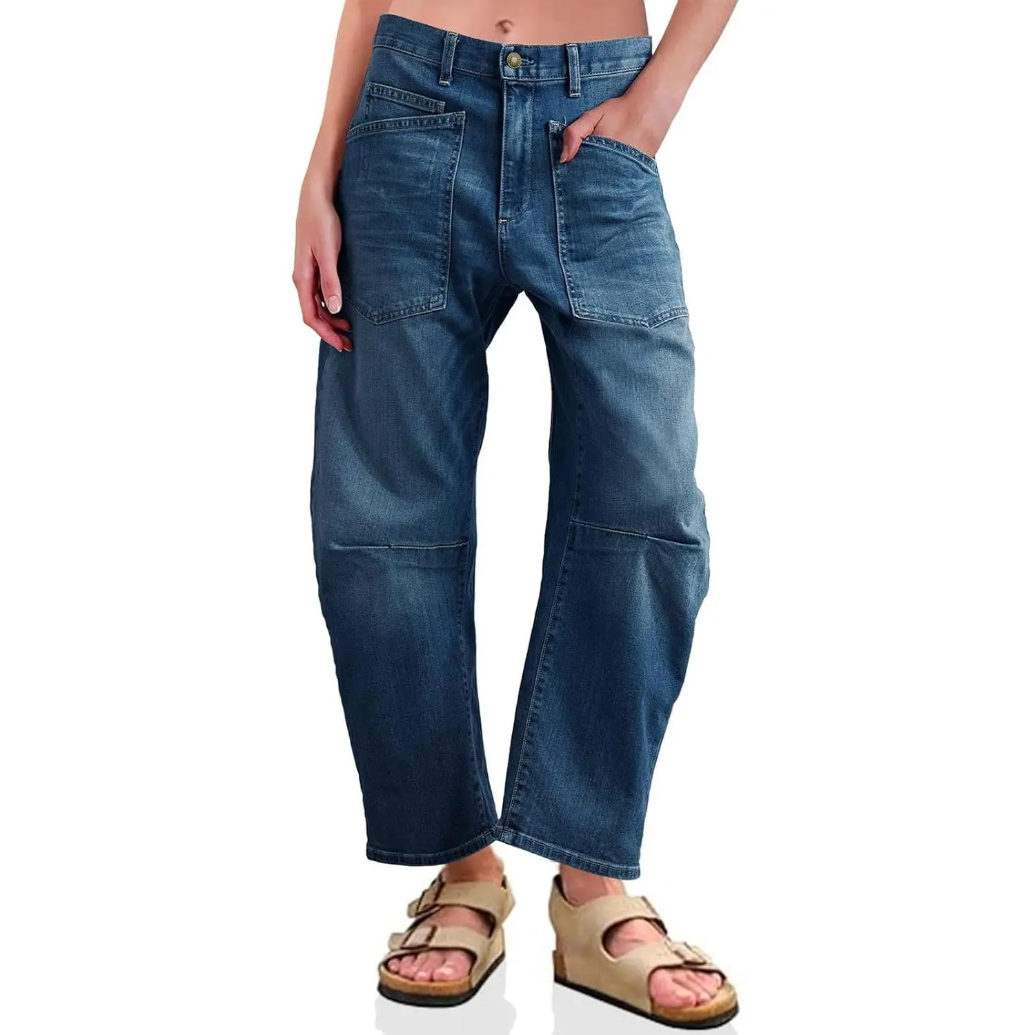 FMEYOA Womens Baggy Barrel Horseshoe Jeans High Waisted Wide Leg Vintage Denim Pants with Front Pocket