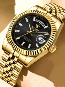 Luxury Business Men's Watch, Round Dial, Waterproof Calendar Display, Butterfly Buckle Stainless Steel Strap, Fashionable All-Seasons Watch, Waterproof Wrist Watch, Quartz Waterproof Watch, Elegant Round Dial