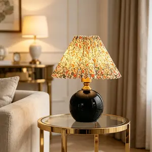 Bedside Lamp, Light Small Table Lamp with Pleated Fabric Shade, Ceramic Base, Girls Night Light for Bedroom Reading Nightstand