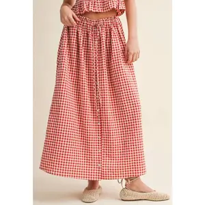 Gingham Pattern Button Front Long Skirt