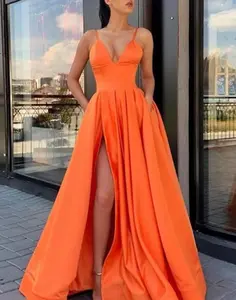 Spaghetti Strap V Neck Orange Satin Prom Gown Slit Long Formal Dress with Pocket Sleeveless Dopamine Style Summer Evening Womenswear