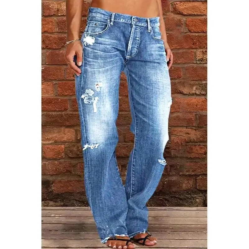 Lady's Basic Mid-Rise Ripped Denim Trousers, Plus Size Straight-Leg Flat-Pocket Baggy 90s Hippie Streetwear Bottoms for Sports & Outdoor Activities, Female, Baggy Fit, Plus Sizes, Ripped Look, Denim Fabric, Full-Length, 5Xl, 4Xl, Mid Waist