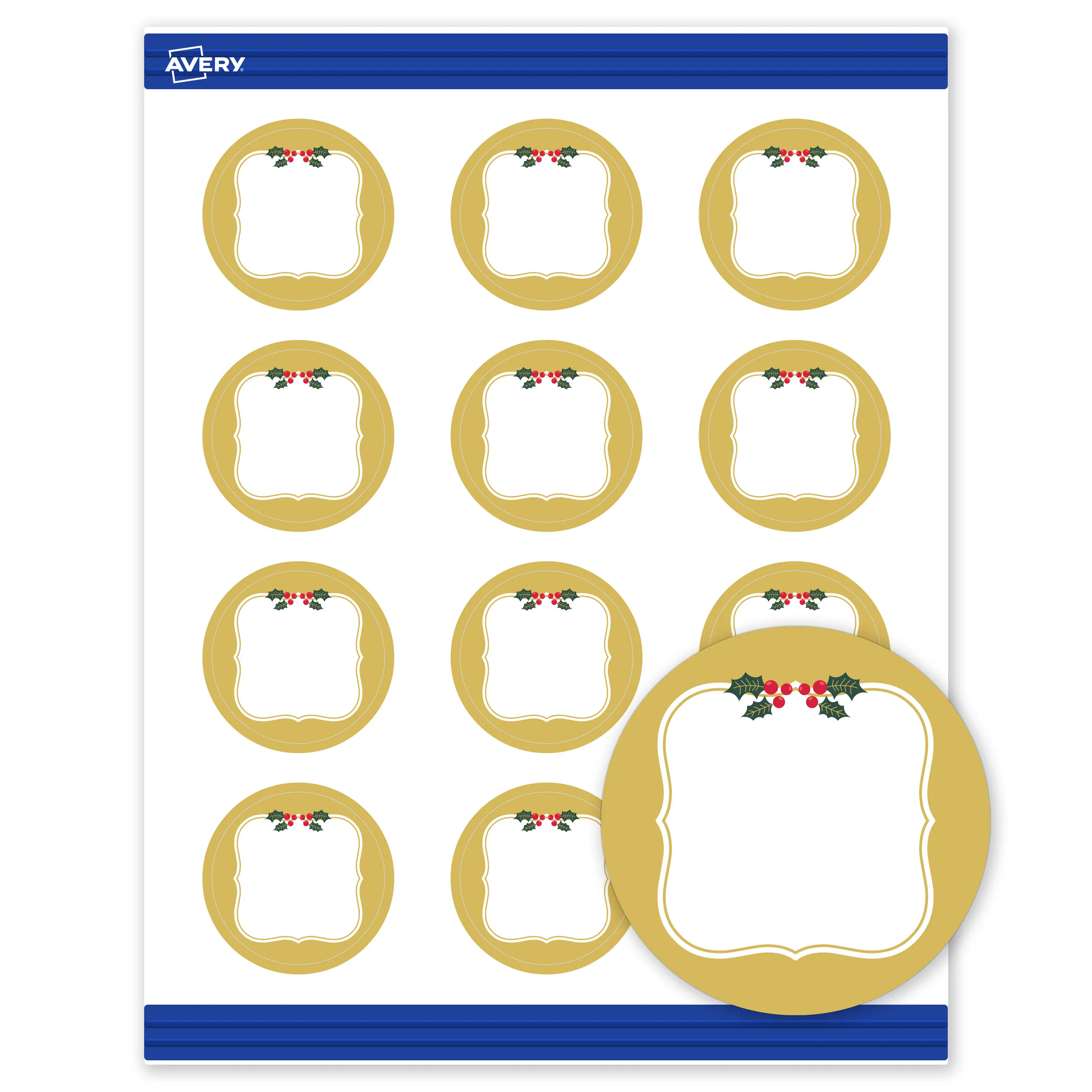 Avery® Printable Christmas Business Cards with Sure Feed® Technology, Round, 2" Diameter, Pre-Printed Metallic Gold Border with Holly Design, Matte White, Laser & Inkjet Compatible, 120 Total