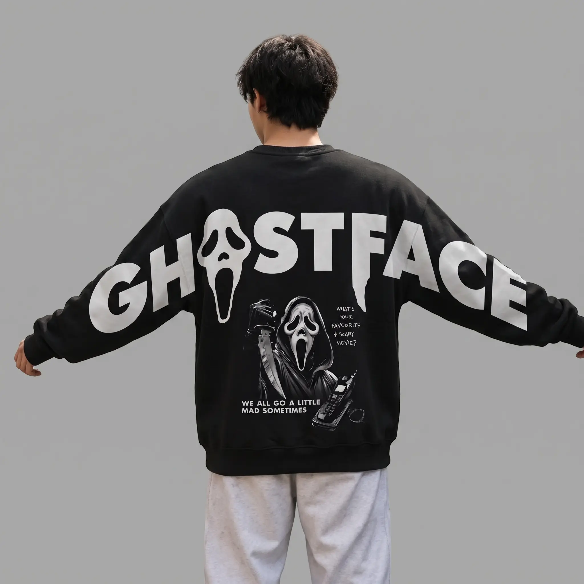 Retro 90's Funny Ghostface Sweatshirt, Shoulder-to-Shoulder Back Lettering Hoodie, Halloween Scream Movie Graphic Tee, Spooky Season, Gift for Him and Her, Vibes Horror Night Crewneck Gothic Clothes Winter Fall