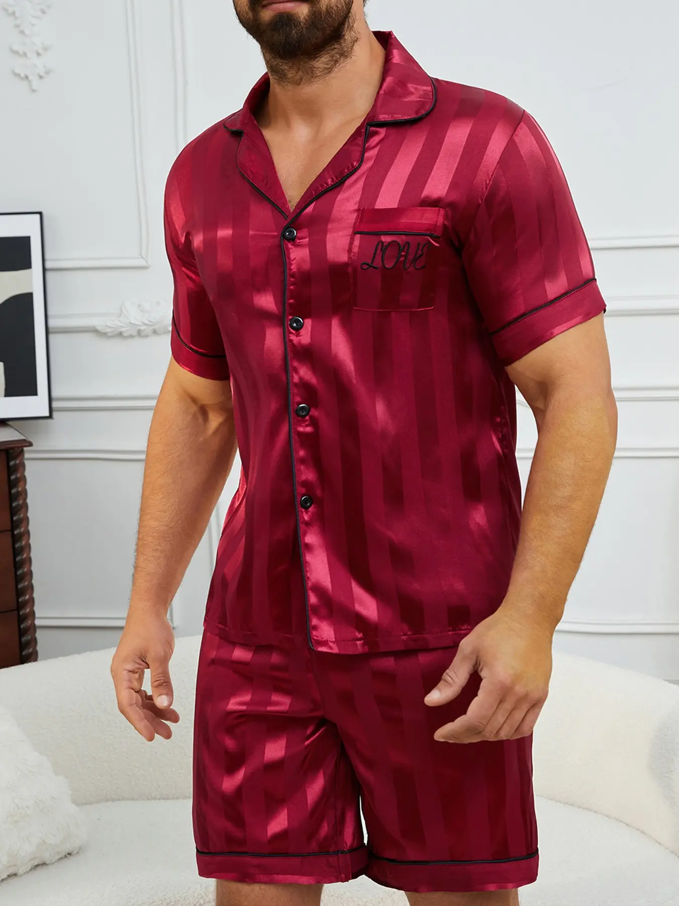 Men's Striped Collared Embroidered Jacquard Sleepwear Set, Night Sleepwear, Satin Pyjamas, Loungewear, Embroidery, Short Sleeve Shorts Pajamas, Pjs, Casual Fitted Floor Length, All Seasons, Summer Pjs, Pajamas For Adults, Loungewear Outfit