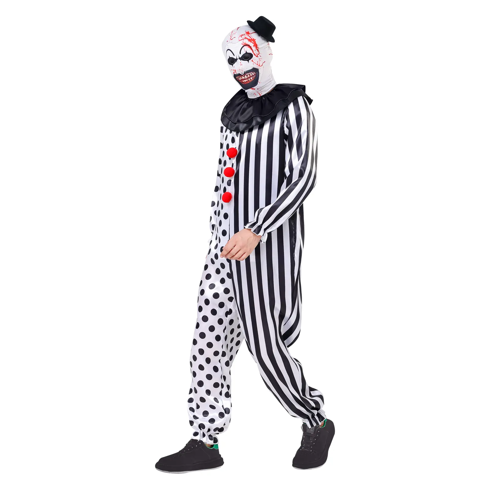 AYJKSEVEN Unisex Menswear & Kids Clown Jumpsuit Clothes, Black-White Halloween Onesie Costume, Scary Killer Cosplay Outfit with Mask & Hat (Guys Halloween Costume for Adults)