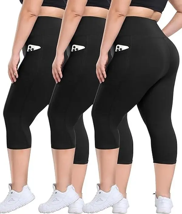 Plus Size Capri Leggings for Women, 3 Pack Buttery Soft High Rise Activewear with Pockets, Tummy Control Yoga Pants, High Rise Leggings, Gymwear Activewear