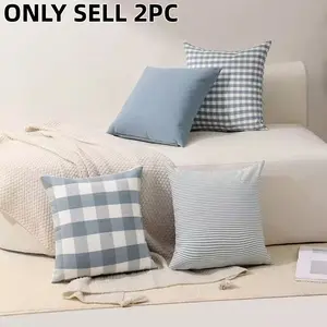 2-Pack Polyester Canvas Plaid Summer Pillow Covers, Simple Home Sofa Backrest Cases, No Insert Included, Ideal for Bedroom & Living Room