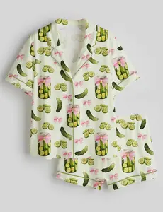 Funny Pickle Pajama Set for Women Cute Pickles Print Button-Up Short Sleepwear, Short Sleeve Satin Pajamas, Summer Sleepwear Set, Pajama Sets Women, Comfortable Sleeping Clothes, cute novelty loungewear, funny aesthetic sleepwear, gift for her