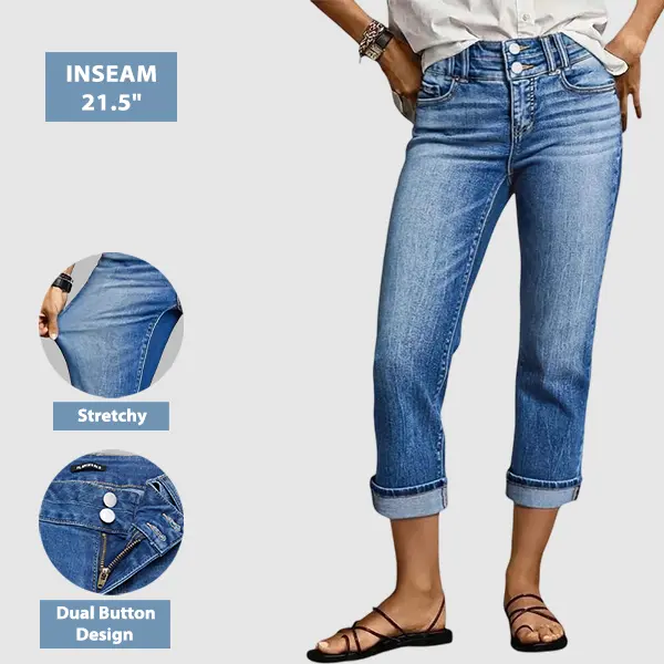 Flamingals Roll Hem Dual Button Mid Waist Straight Leg Crop Jeans Womenswear Stretchy 21.5" Inseam