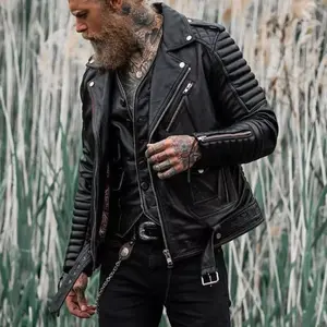 Fashion Black & Brown Biker Real Leather Jacket for Men - Menswear Casual Collar, Stylish Moto Outerwear, Classic Durable Everyday Wear Coats Halloween Christmas  Love Tops