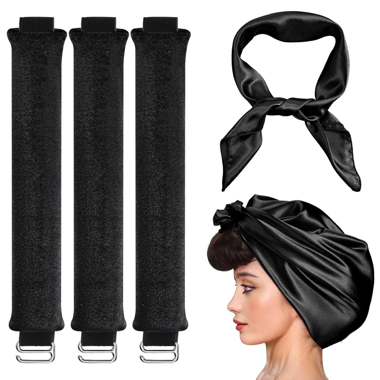 4-in-1 Heatless Curling Kit - Velvet No-Heat Curlers with Silk Scarf for Long/Medium Locks, Beauty Tools for Natural Curls (Personal Care Hair Styling Accessory), Heatless Curls