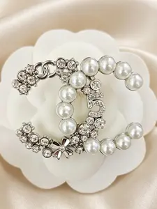 Women's Sparkling CC Letter Brooch with Pearls and Crystals, Vintage Gold/Silver Tone, Statement Fashion Accessory