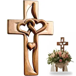 Handmade Wooden Cross Set with Interwoven Hearts, Carved Heart-Shaped Wall Decor, Spiritual Wall Decor, Religious Home Decor, Wedding Cross, Symbol of Holy Love, Christmas Gift, Religious Decor
