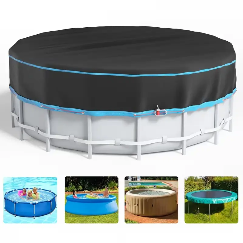 12ft Round Pool Cover for Above Ground Swimming Pools, Heavy Duty Waterproof Dustproof Outdoor Pool Cover with Windproof Buckle Strap, UV Resistant Protector for Inflatable & Frame Pools, Backyard Pool Accessories