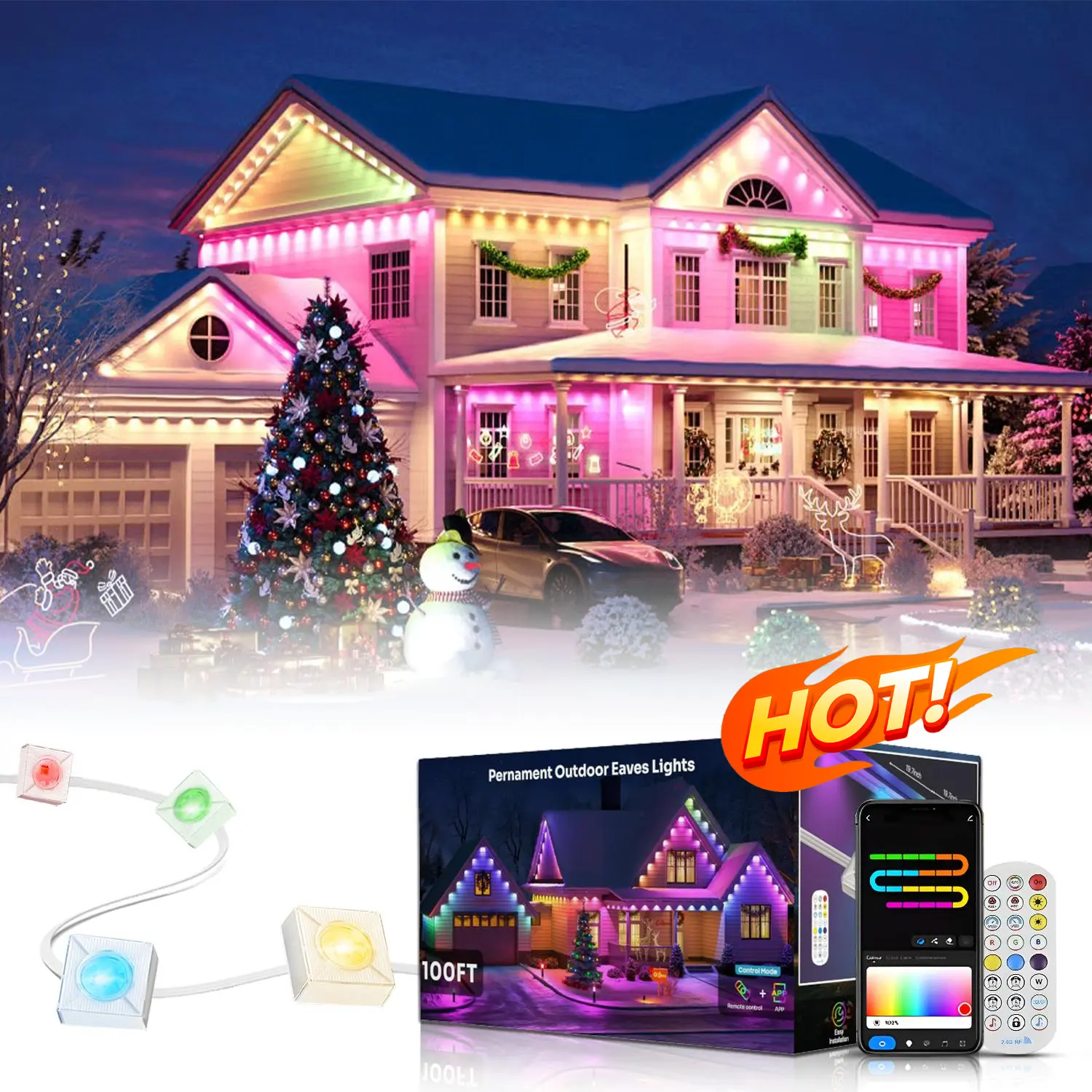 GALENTAL Permanent Outdoor Eaves Lights, Outdoor Lighting With RGB IC,  Holiday Decorations for Party, Music Rhythm , Remote Control & Bluetooth APP Link, IP67 Waterproof, 50/100 Feet Length, Ideal for Festival and Daily  Decor, Summervibes