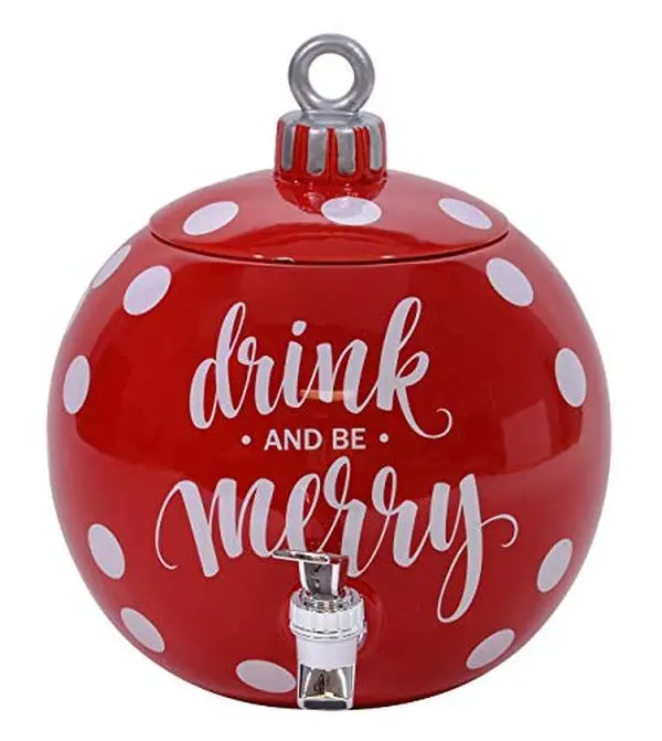 Holiday Beverage Dispenser 11-Inch Ceramic Dolomite Red Ornament with Working Spigot Christmas Decor