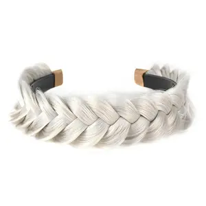 Wide Braided Headband Hoop Fashion Hair Accessories Elastic Non-slip Band for Women and Girl (White Grey)