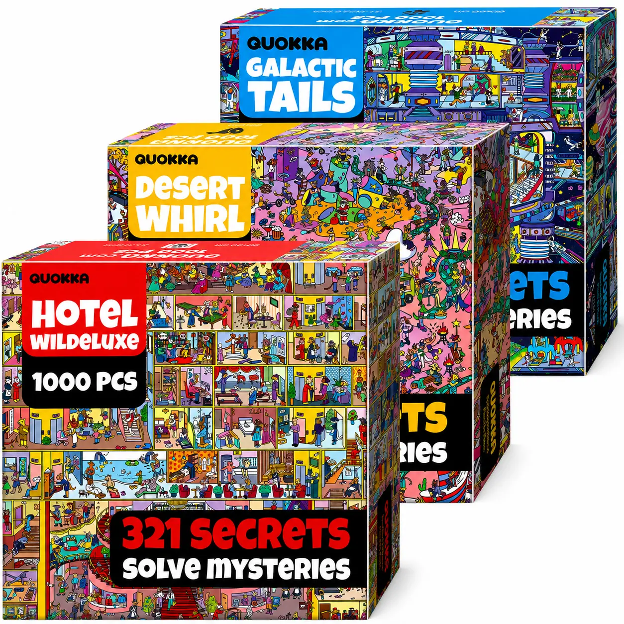 QUOKKA Cardboard Creative Puzzle Game for Adults - 3-Set 1000-Piece Mystery Jigsaw Puzzles with Hidden Secrets, Storytelling, 2-Hour Immersive Audio Story (Desert Whirl, Galactic Tails, Hotel Wildeluxe) | Relaxing Hobby, Cognitive Development Tool, Puzzle