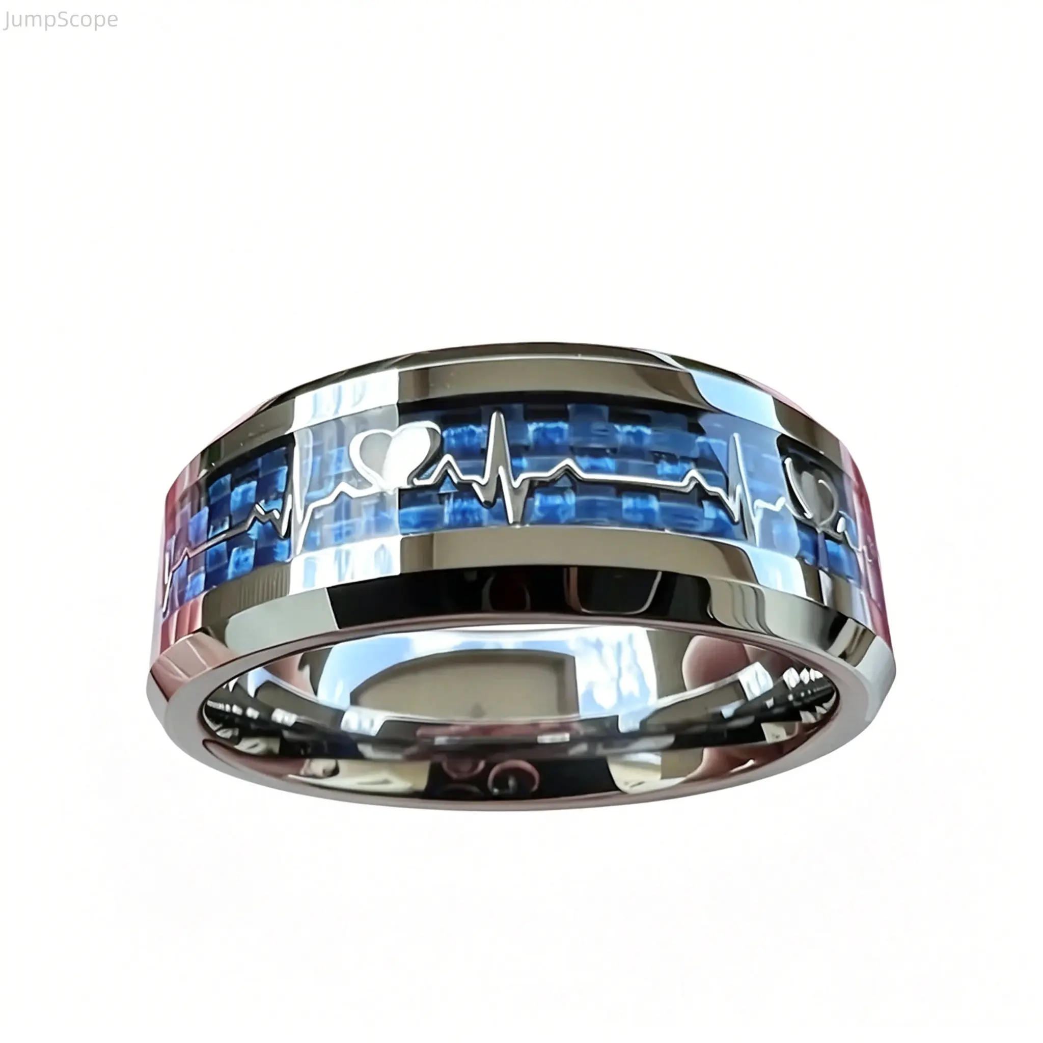 Women's Polished Stainless Steel Heart Ring with Carbon Fiber Inlay - Stylish Jewelry for Casual, Special Occasions, Ideal Love Gift for Outdoor Leisure Enthusiasts