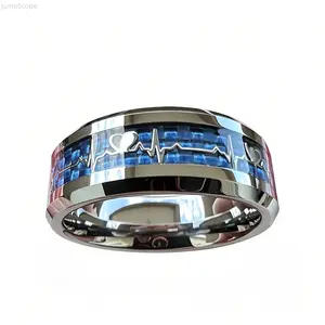 Stainless Steel Heartbeat Ring with Carbon Fiber Inlay for Men Women Stylish Polished Band for Casual and Special Occasions