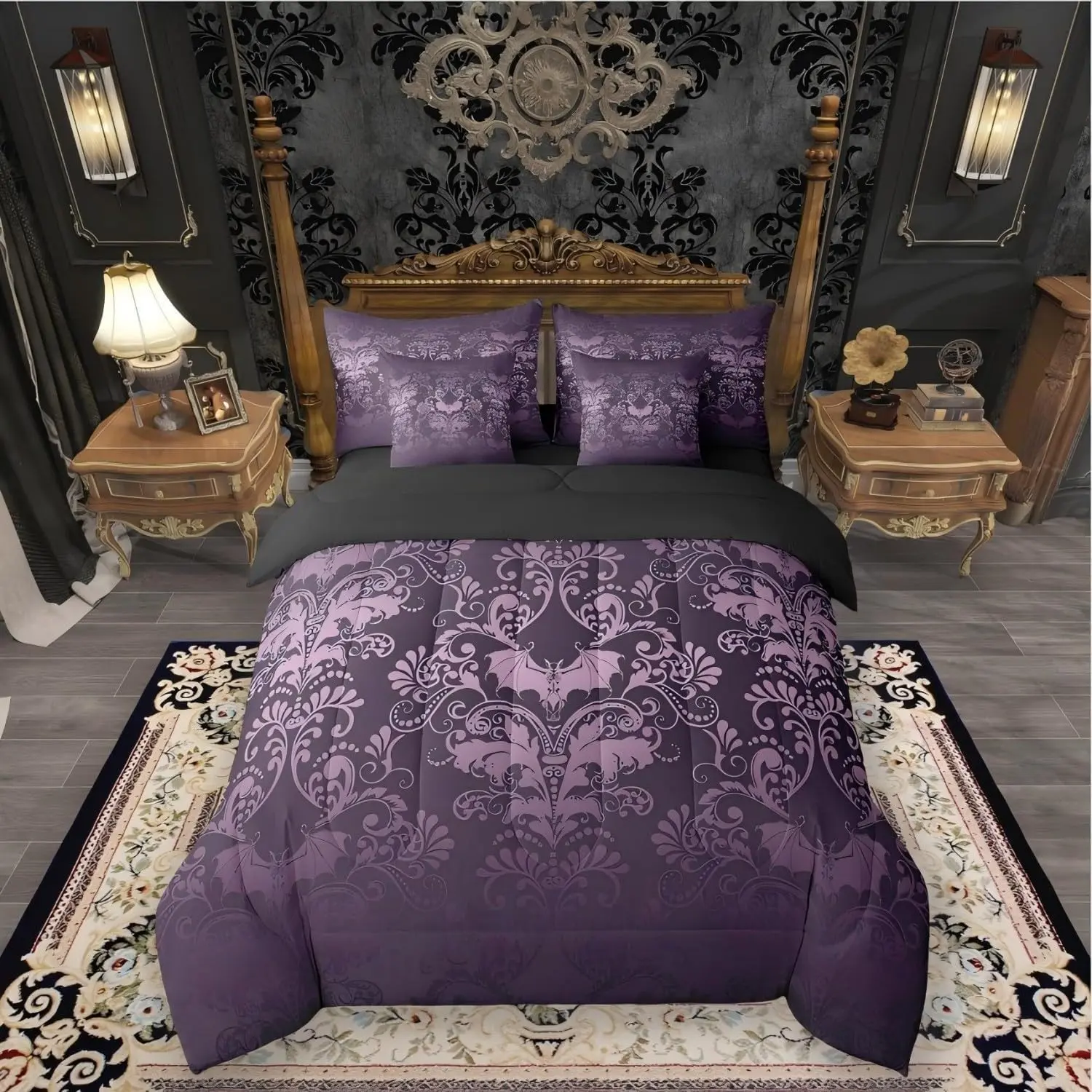 Feelyou 7-Piece Gothic Damask Bed in a Bag - Purple Victorian Floral Goth Microfiber Set with Halloween Bat Design, Soft, Breathable Bed Comforter & Duvet Set, Breathable Duvet Set, Microfiber Bedding Set