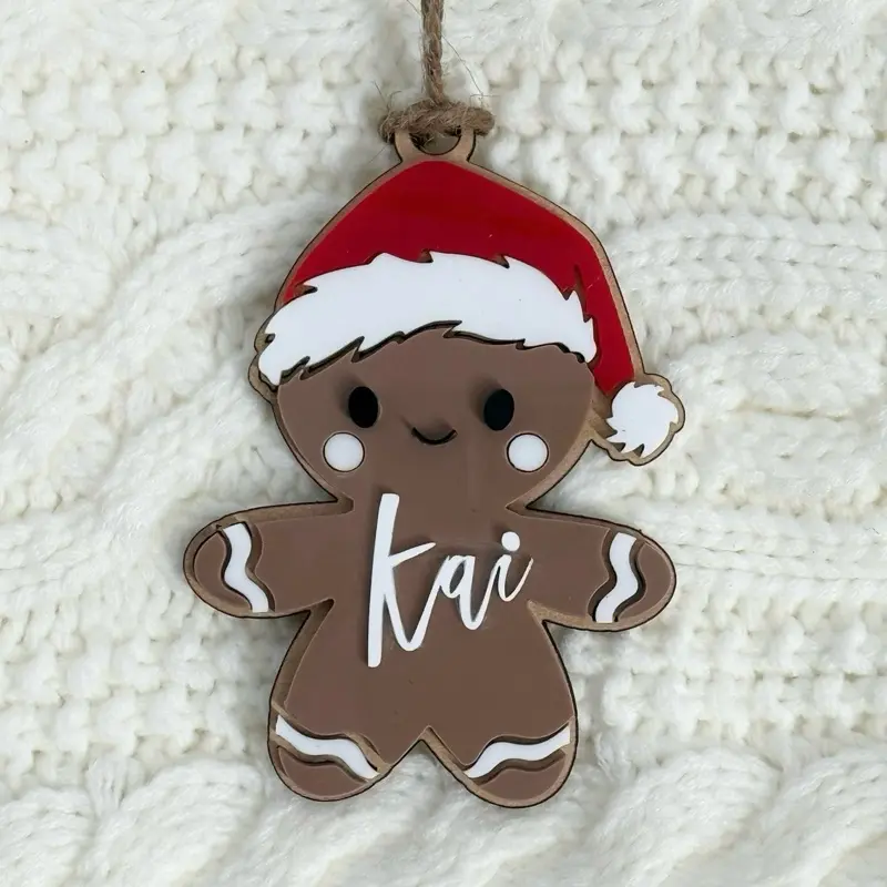 GingerBuddies Personalized Acrylic Ornament - 4” Gingerbread Character with Santa Hat Customizable Name for Christmas Decor