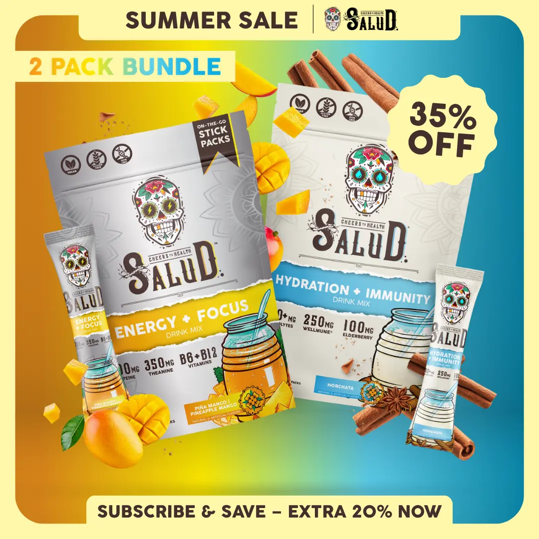Salud 2-in-1 [Starter - Bestseller Duo] Agua Fresca Drink Mix, Energy + Focus & Hydration + Immunity, Organic Caffeine, B6 & B12, Electrolytes, Elderberry, Non-GMO, Vegan, 1g Sugar (2-Pack, 30 Servings)