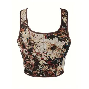 NewBreathable Comfort Polyester Corset Top - Floral Pattern Vintage Court Style Bodice with Adjustable Straps - Woven Tight-Fitting Shapewear with Waist Cincher Detail Women