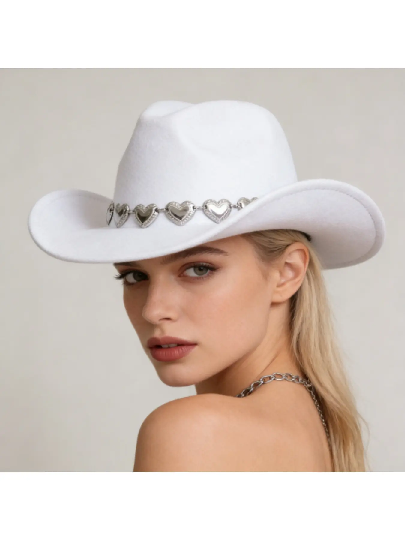 European and American cross-border hollow metal oversized love chain hat chain hip hop punk cowboy hat top hat retro felt hat Vintage Fashion Stylish Hat