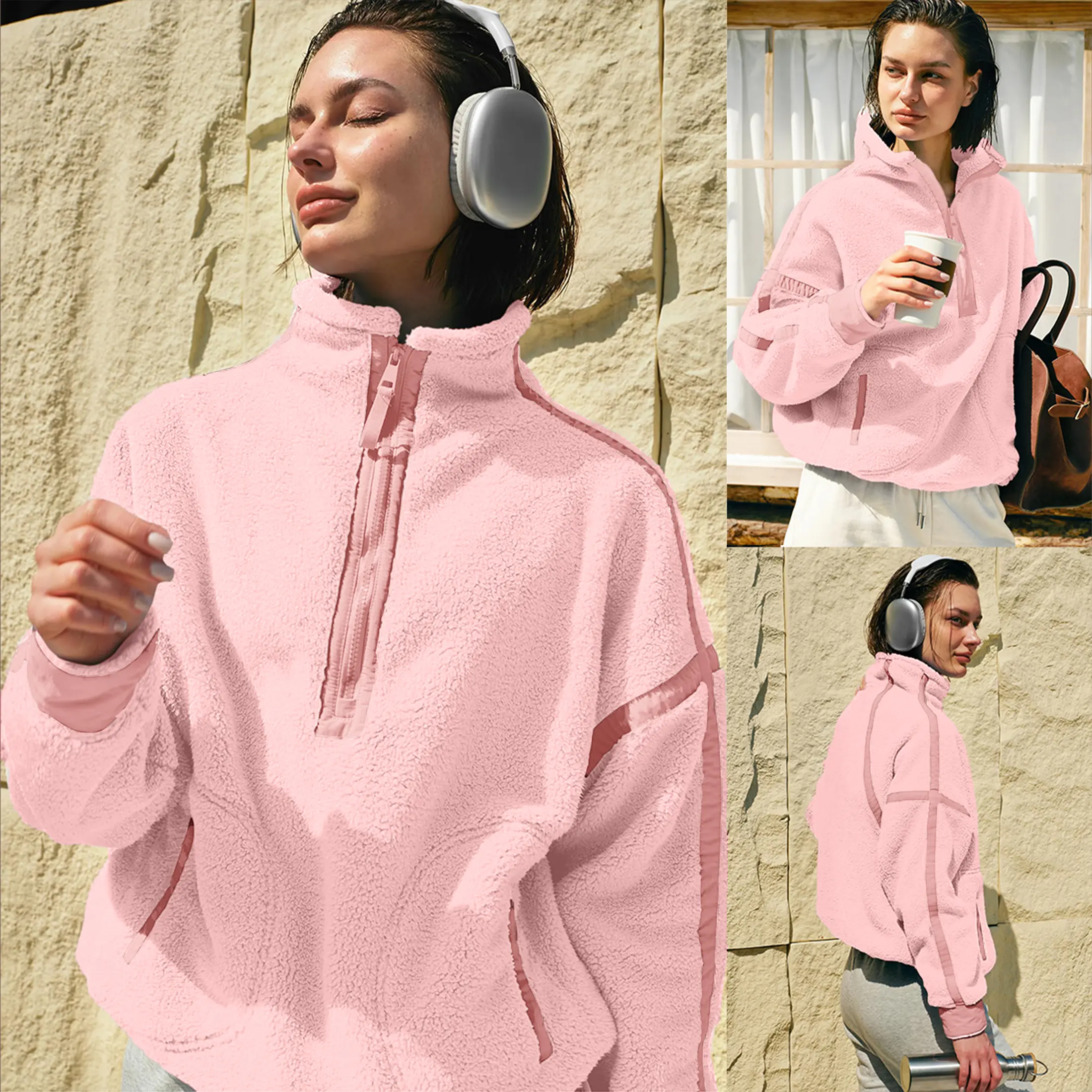 Women's Relaxed Fit Half-Zip Fleece Pullover, Sherpa-Lined Jacket for Casual Wear