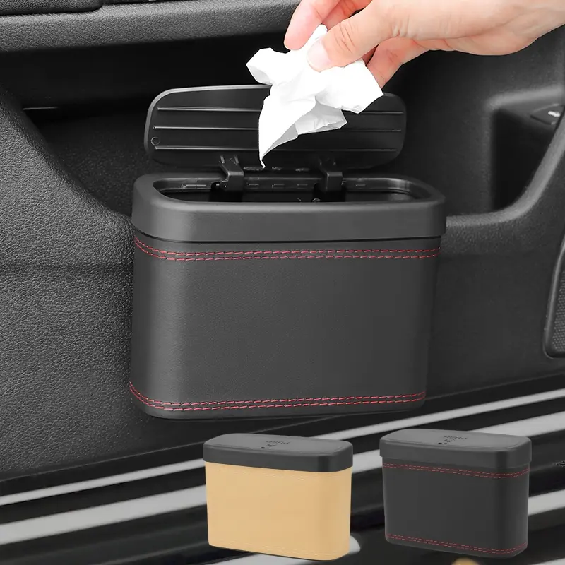 Car Multi-Functional PU Leather Trash Can, Press Button Storage Box, Seat Back & Door Hanging Organizer, Cover Car Garbage Bin, Car Interior Storage, Car Storage Organizers, Car Organizers and Storage, Garbage Can For Car