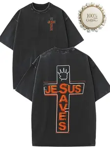 Double-sided washed Jesus saves print T-shirt, high-qualitybatik cotton vintage street style regular round neck, all-season casual wear, machine washable, adult holiday gift farmer x-mas party outfit