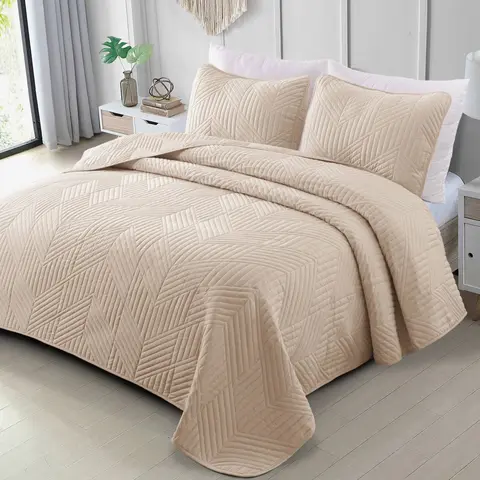 Exclusivo Mezcla Brushed Microfibre Quilted Bedspread Set of 3 - Lightweight Striped Coverlet with Soft Modern Geometric Design, Breathable All-Seasons Bedding, Machine Washable for Home Decor Bedroom Use