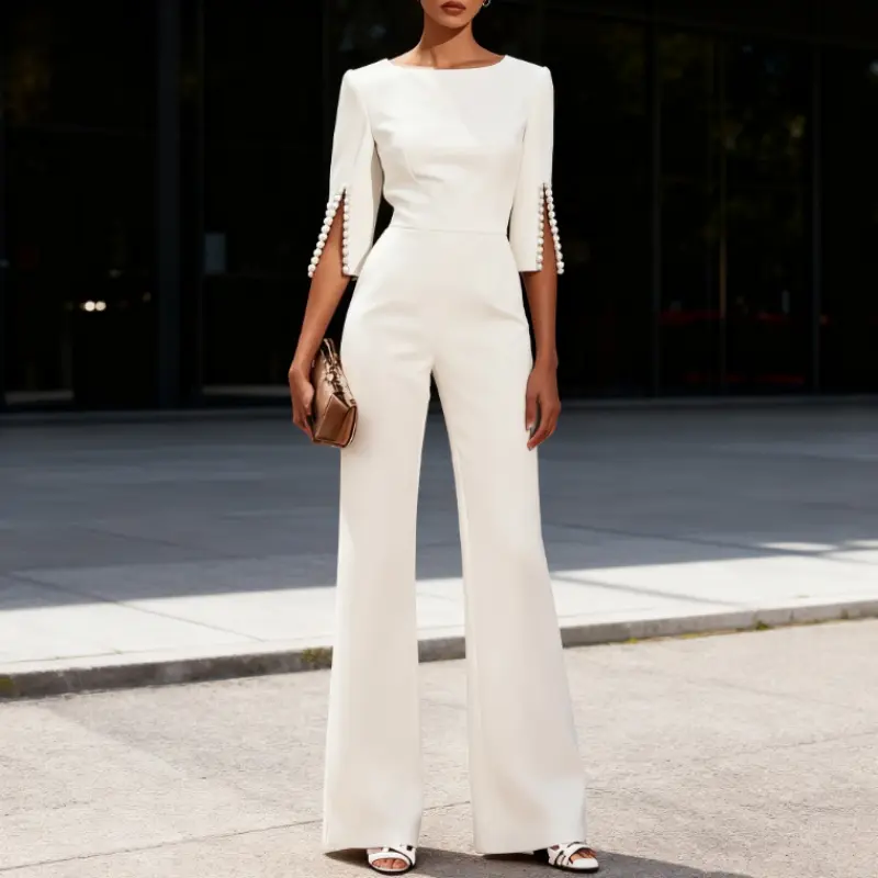 Spring, summer and autumn women's clothing solid color bead decoration slim temperament elegant jumpsuit